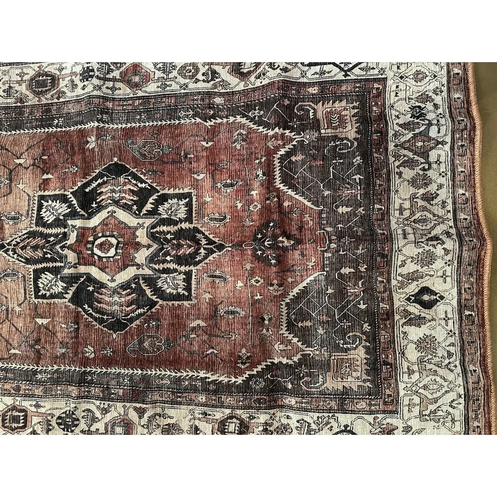 Washable Rug ~3'X5' Adiva Lavinia Terra  LVN18 Dark Red Blue Cream Rectangle